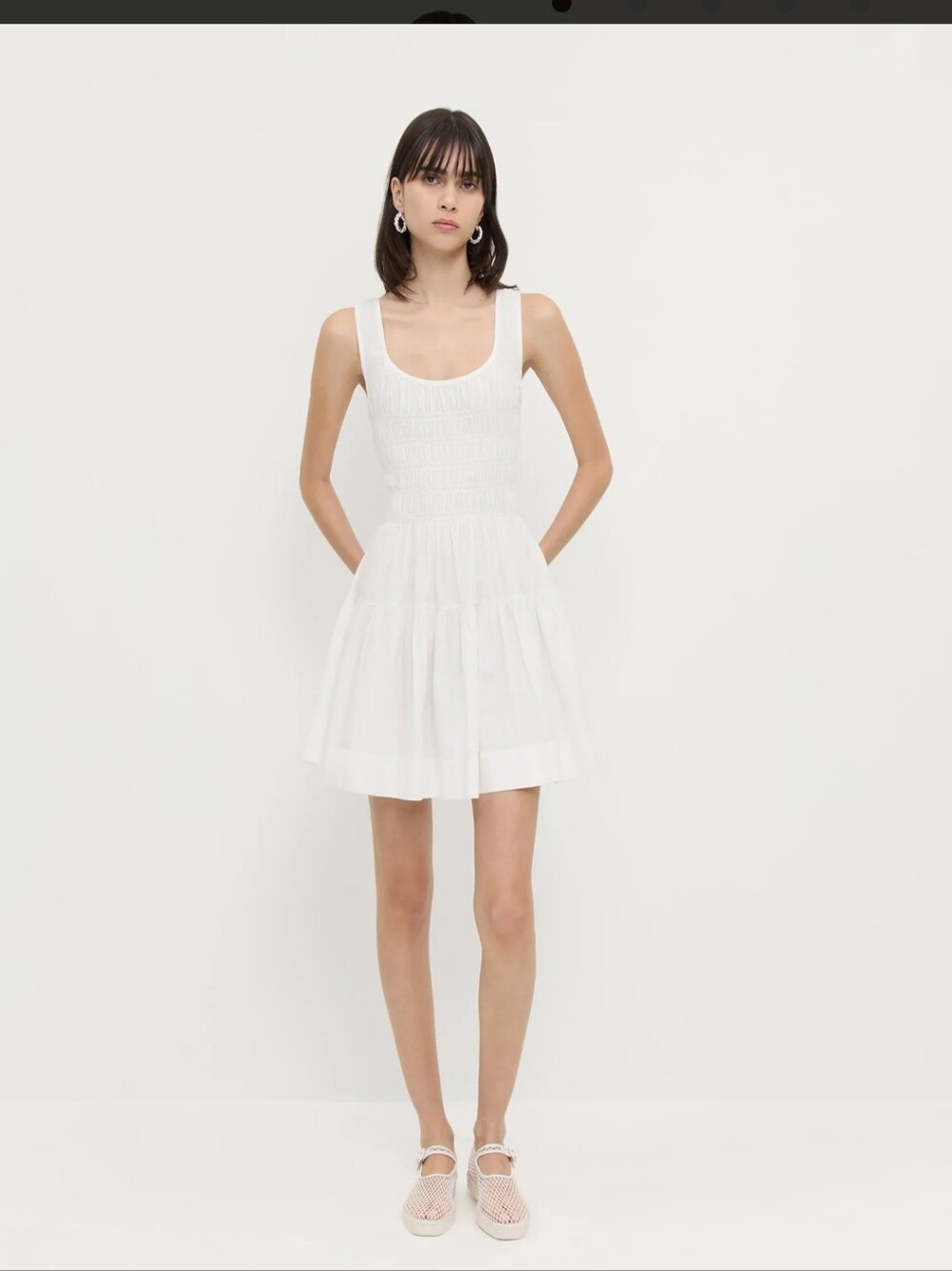 Loeffler Randall Melody Sleeveless White Smocked Mini Dress Small